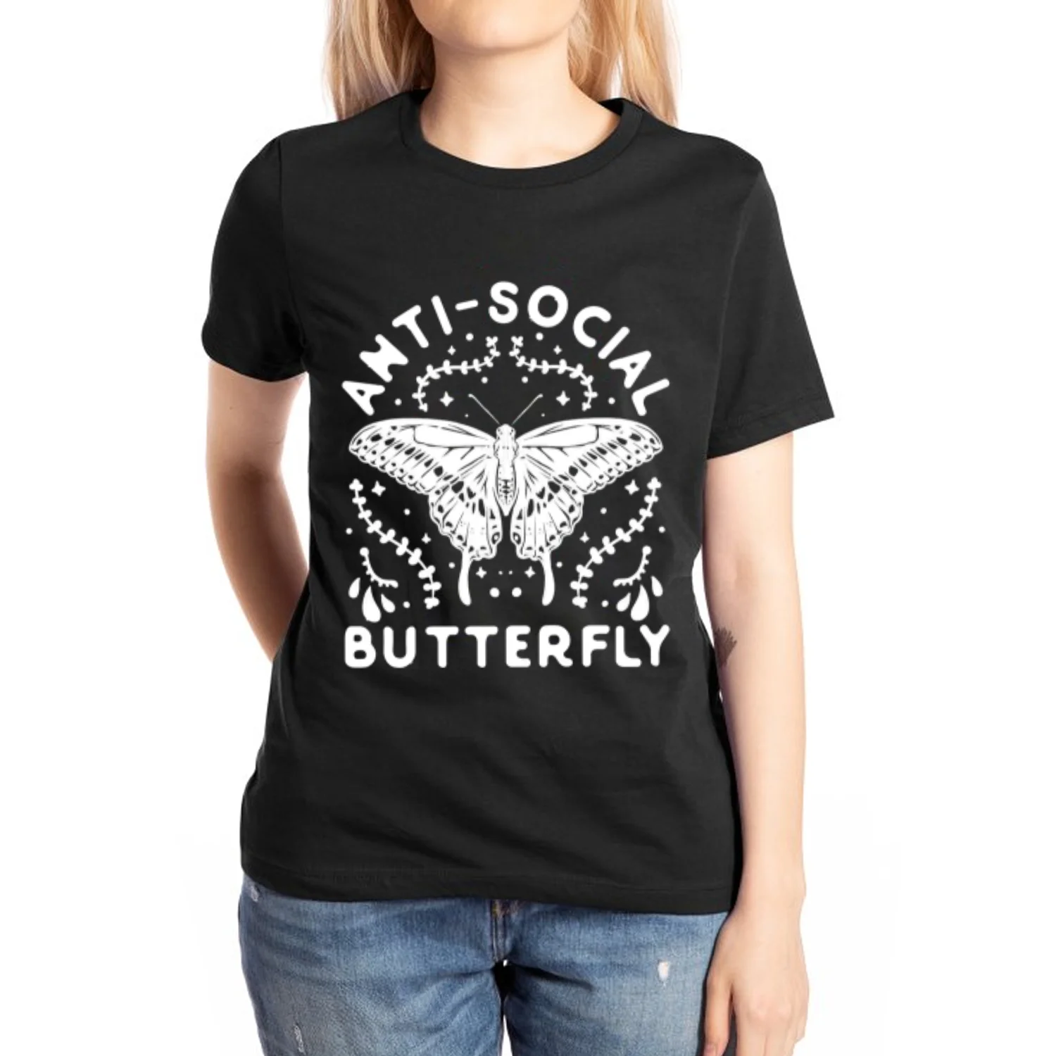 

Summer 2024 New Women's Cotton Black T-Shirt Y2K Oversized Butterfly Print Loose Top Casual Cute Fairy Style Short Sleeve