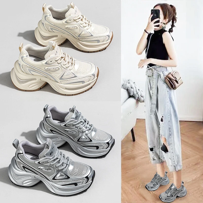 Women Thick Platform Heighten Viral Same Silver Dad Sneakers 2026 New Spring Autumn Korean Versatile Casual Sports Shoes Simple