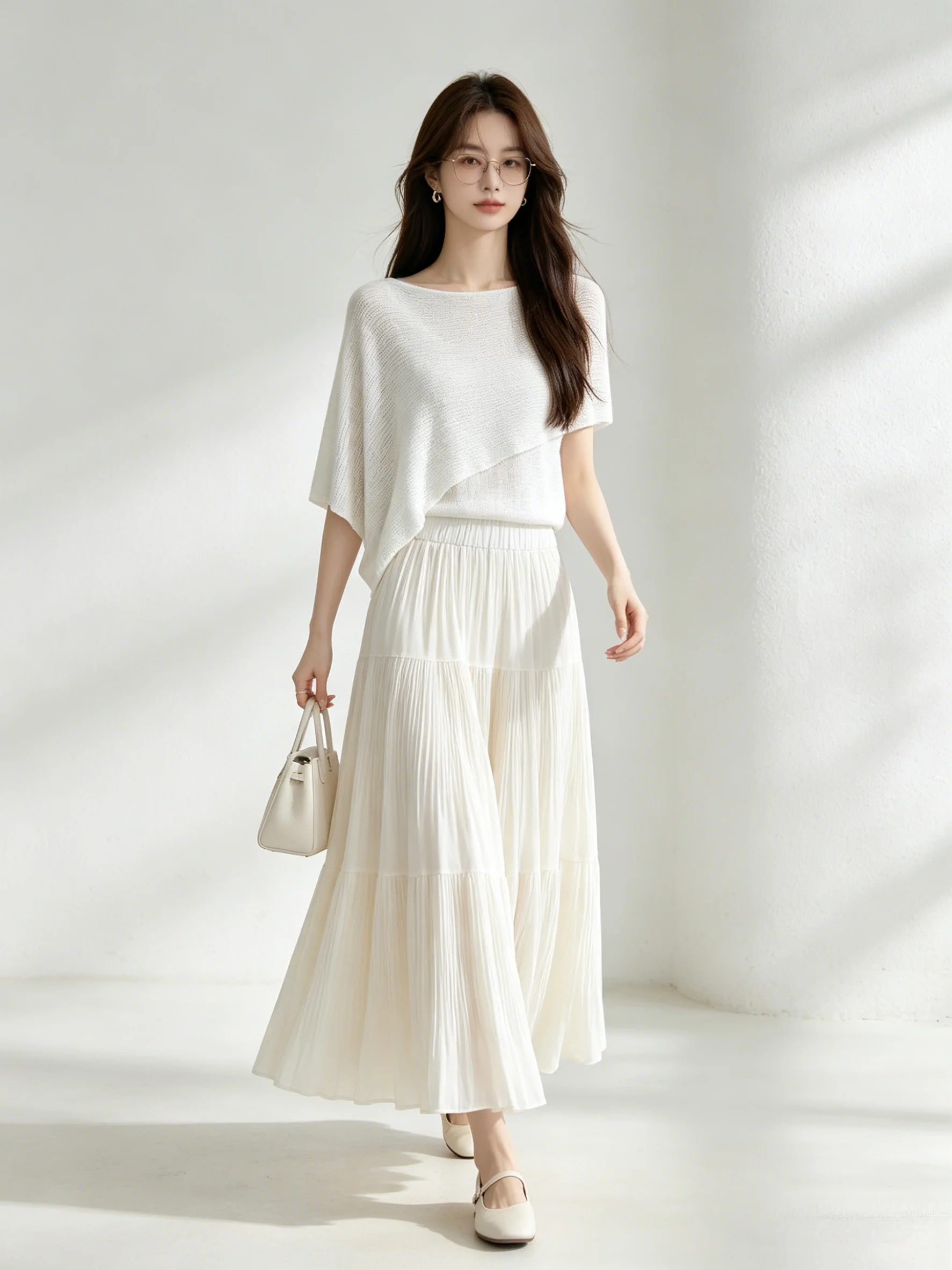 Sweet Gentle Style Skin-Friendly Mock Two-Piece T-Shirt Slimming Half-Skirt Design Summer Fashion Set Korean round Neck Sleev...
