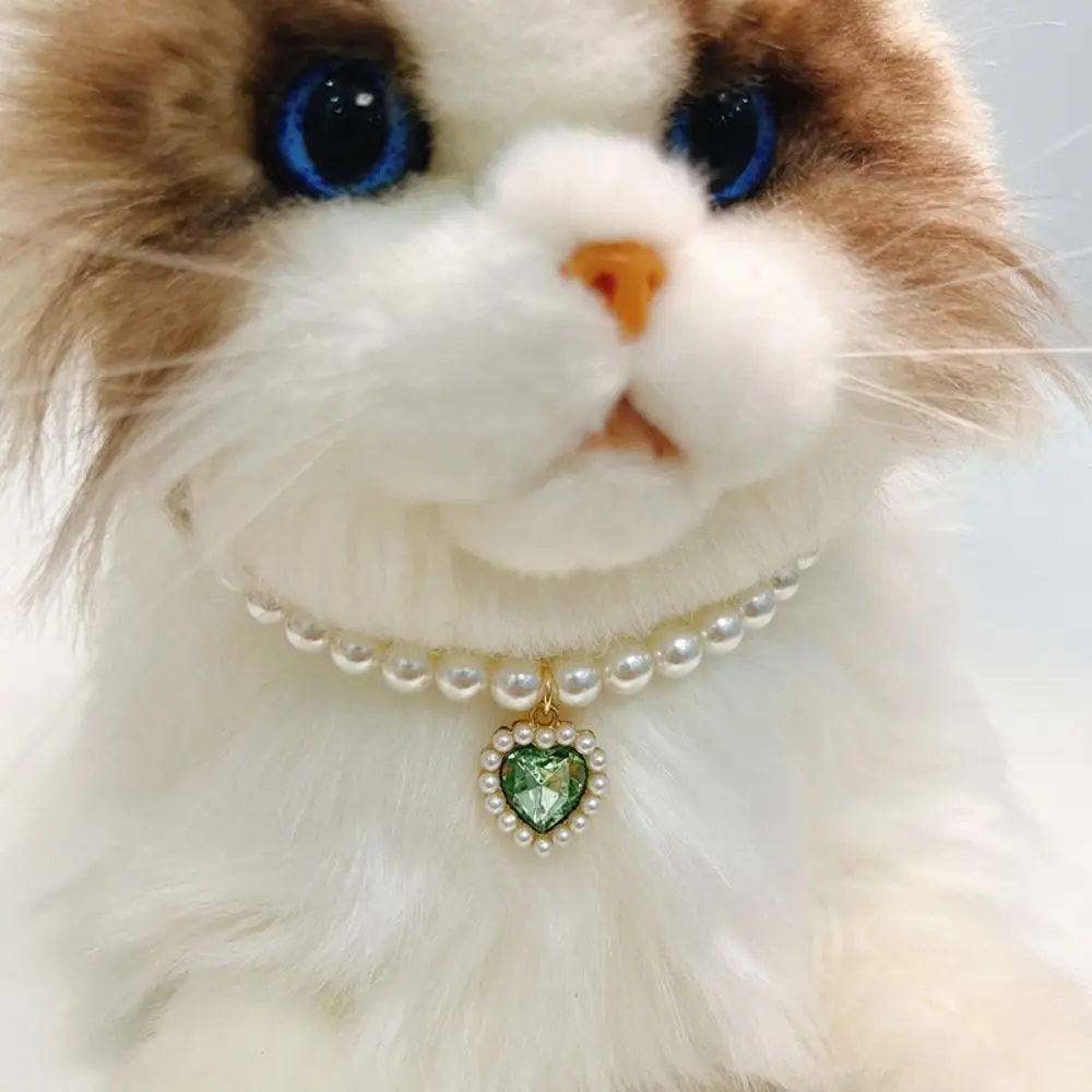 Decorative Pet Pearl Necklace Adjustable Colorful Rhinestones Cat Collar Artificial Pearls/Metal Cat Heart Diamond Necklace