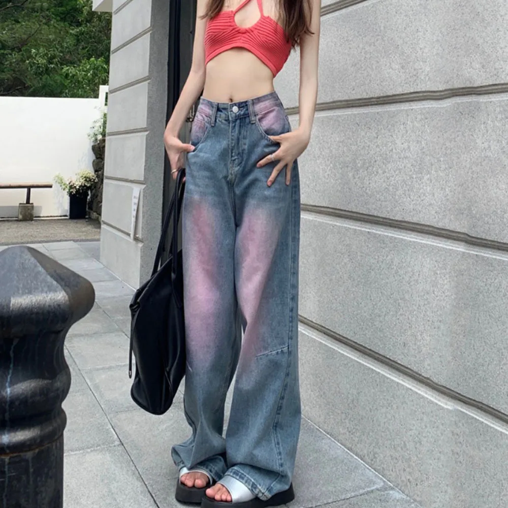 

Gradient Fashion Denim Trousers Washed Vintage Jeans Women's Graffiti Wide Leg Dragging Y2k Baggy Pants Loose High Waist Jeans