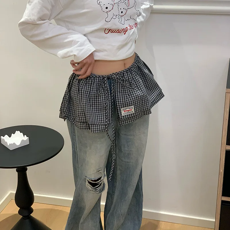Sexy Vintage Plaid Overlay Fart Curtains For Women Japanese Kawaii Strappy Half-body Skirt Spice Girls Jeans Curtain Skirt