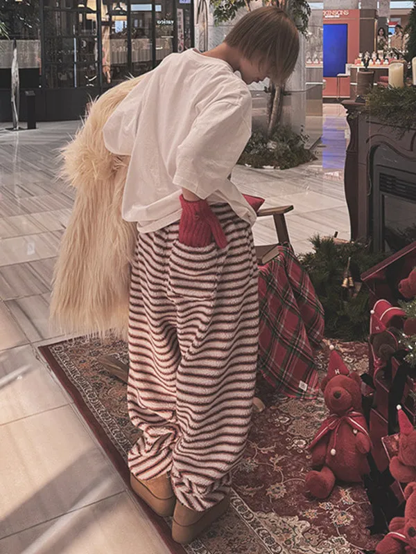 Faionable ارتفاع الخصر التخسيس شريط فرو الضأن سراويل تقليدية النساء شتاء جديد Sle Quali تنوعا سراويل طويلة Harajuku... #4