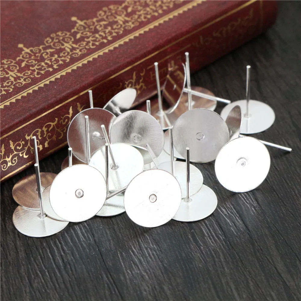 12mm 100pcs Bright Silver Plated Colors Stainless Iron Earring Studs(with Ear plug) Base,Fit 12mm Glass Cabochons -S3-29