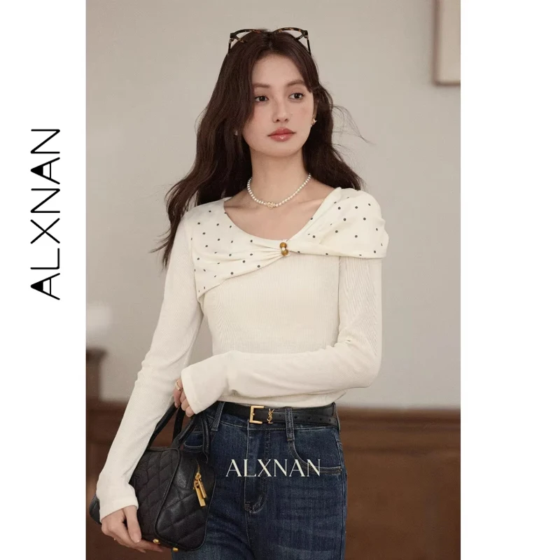ALXNAN เสื้อยืดผู้หญิง 2025 ฤดูใบไม้ร่วงแอปริคอทแขนยาวใหม่ลายจุดบิดแฟชั่นสลิมฟิตลำลองสุภาพสตรีเสื้อยืดท็อป L57026-1