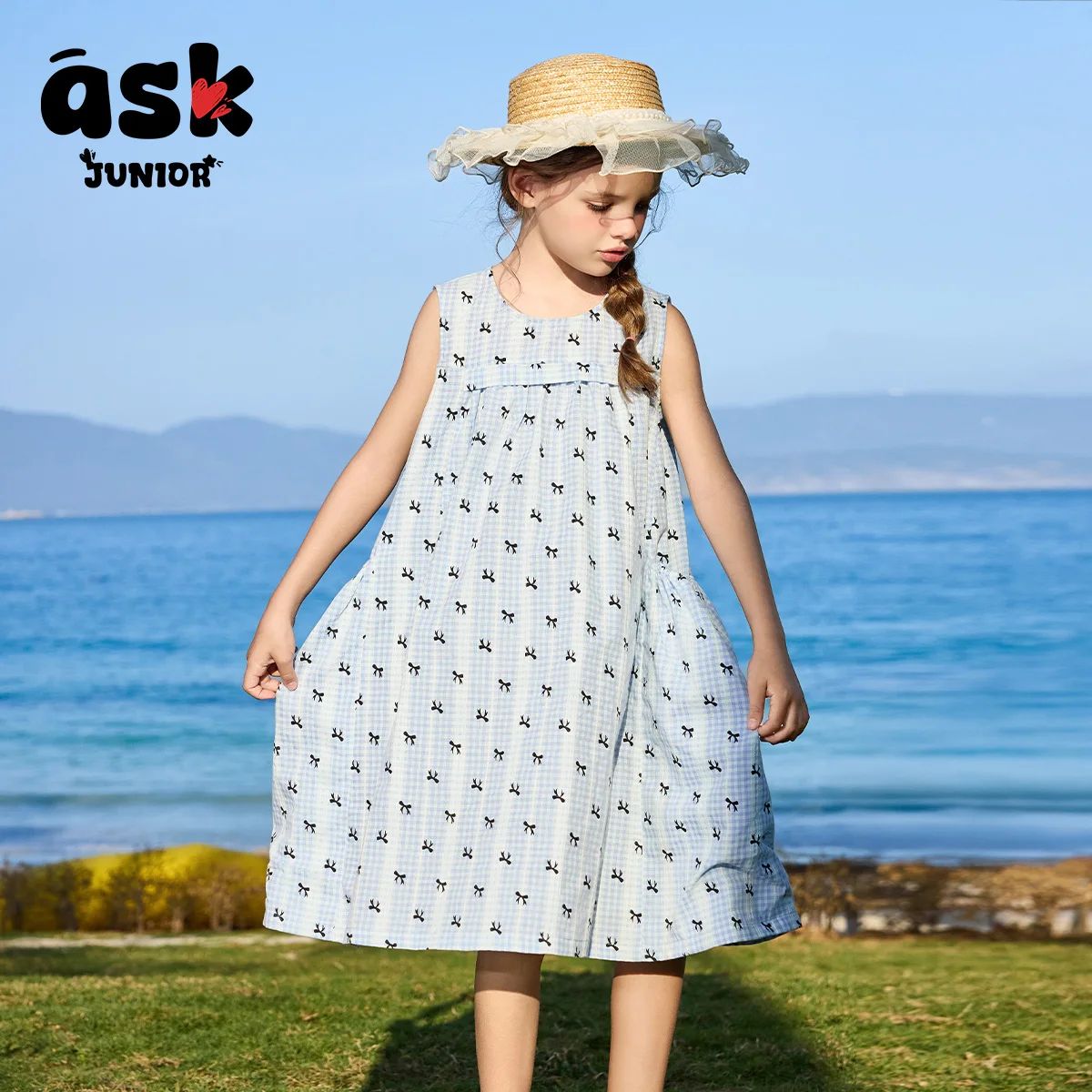 فستان بناتي صيفي بفيونكة منقوشة باللون الأزرق بطباعة متباينة #6