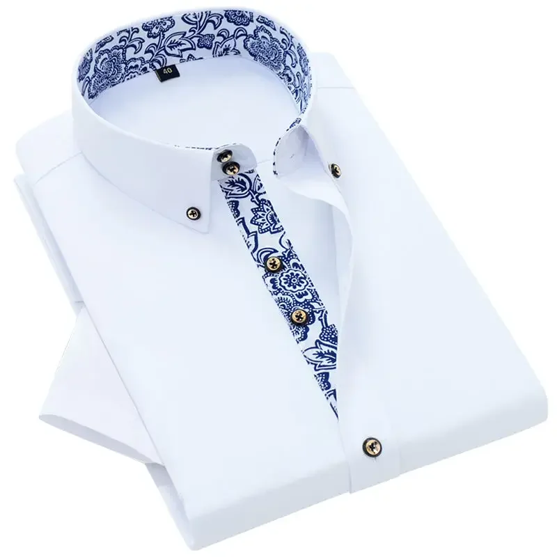 Men's Short Sleeve Dress Shirts Blue-and-white Porcelain Collar Shirt Korean Slim Fit Casual Business Formal Social White Cotton