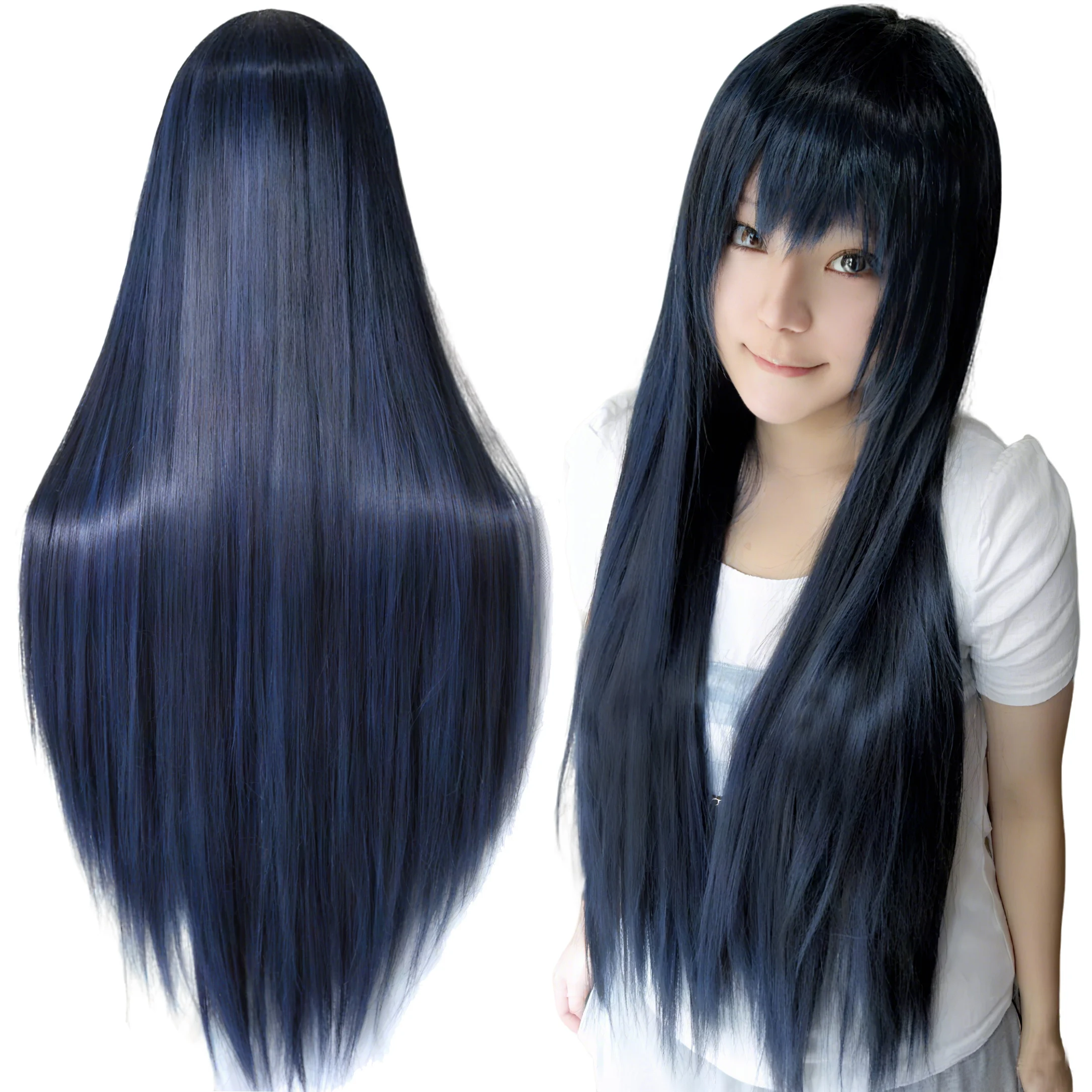 Image of Synthetische Haare, marineblau, gerade, lange Perücke, Anime Cosplay, Mio Akiyama, Halloween-Kostüm, Ruri Gokou, Haarperücken mit Pony