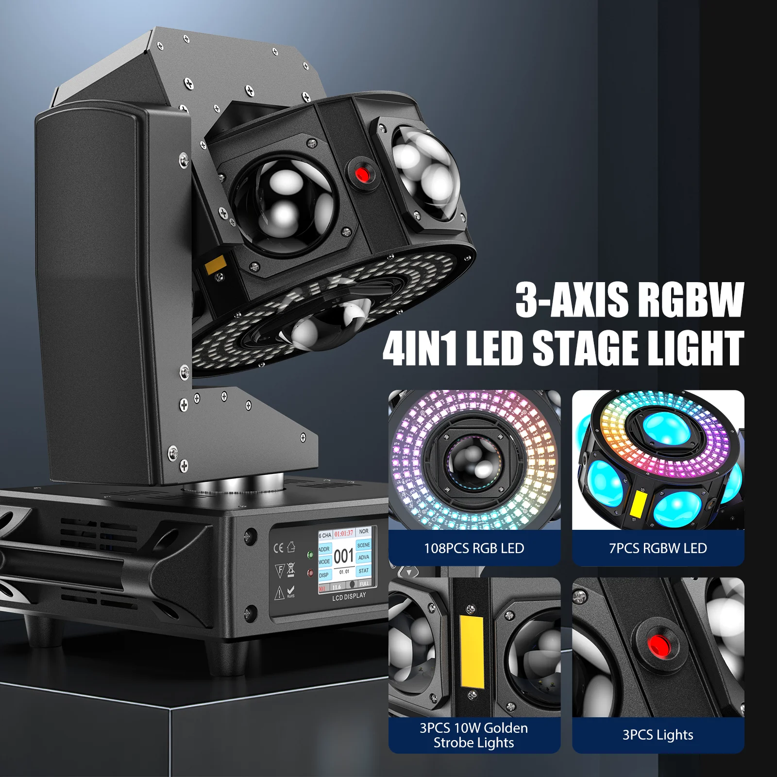 Yiflamefly 160W RGBW Beam Moving Head Light 3Axis 360°Rotation DJ Light DMX512 Stage Lights For Disco Wedding Party Live Show