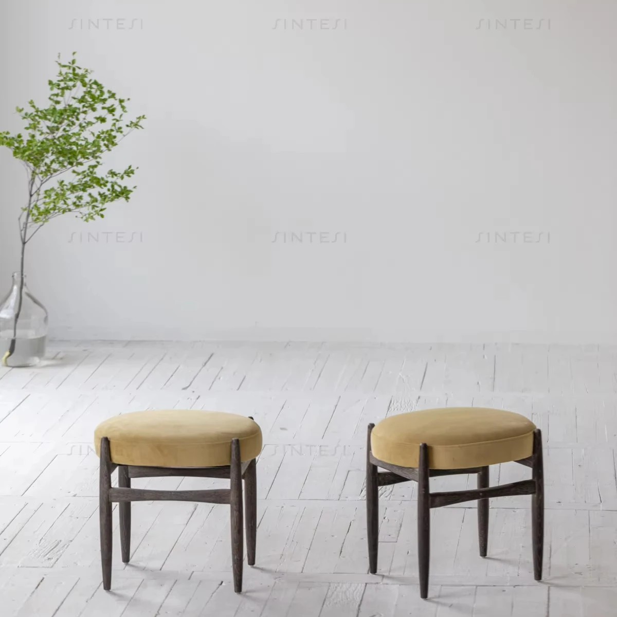 

Minimal Modernist Oak Solid Wood Ottoman Stool Chair Home Use-for Living Room Bedroom Dining Hotel Farmhouse Fabric Furniture