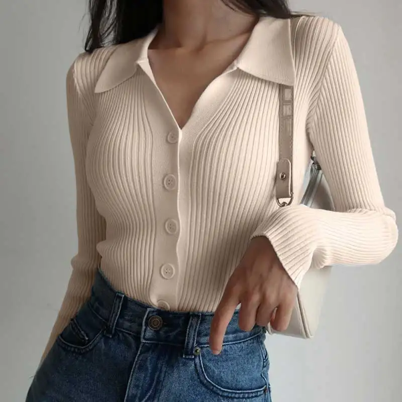 Women Bottoming Women 2022 Lapel Cardigan Long Sleeve POLO V Neck Knit Ladies Sexy Hollow Buttons Sweater Slim Slimming Tops New