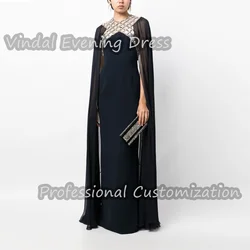 Vindal Prom Dress O-Neck Floor Length Beaded luxurious Built-in Bra Crepe Straight Elegant Short  Sleeves Saudi For Woman 2024