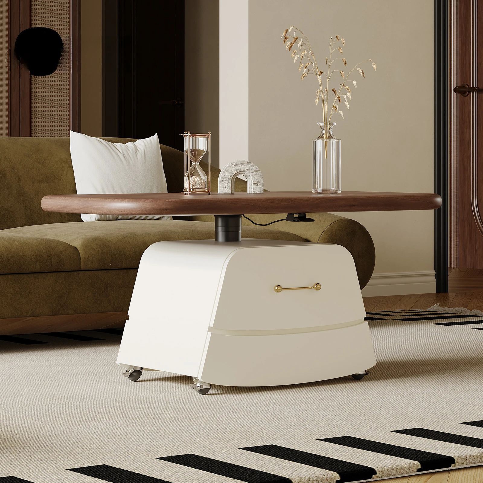 

French liftable small apartment coffee table dining integrated dual-purpose black walnut leather multi-functional