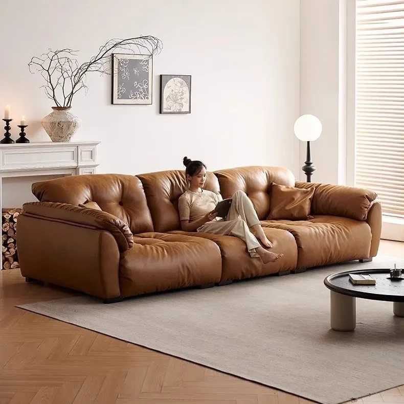Cloud sofa removable backrest oversized sitting deep oil wax leather sofa living room straight row leather