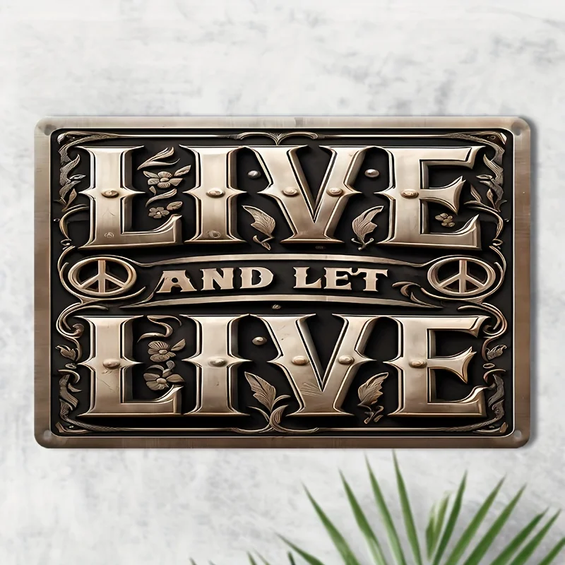 Vintage-Inspired 'LIVE AND LET LIVE' Iron Wall Sign - Rustic Decorative Plaque with Peace Symbol & Floral Accents, Pre-Drilled,