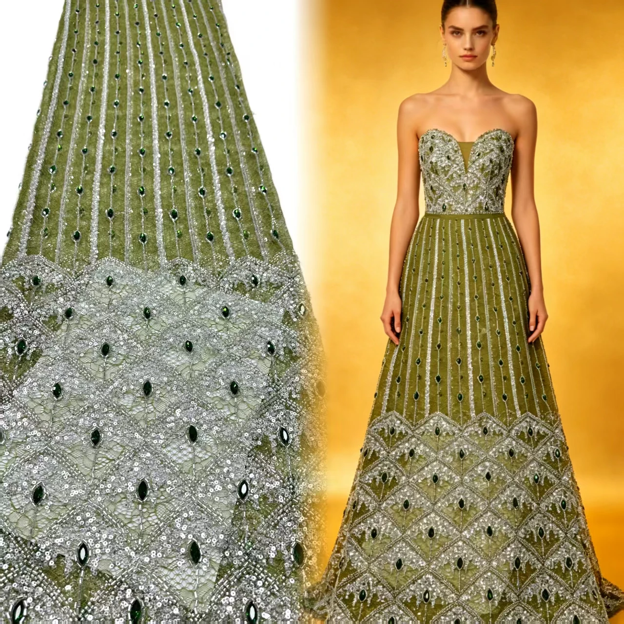 

Heavy Beaded Lace Fabric Olive Green with Silver Sequins & Green Crystals African Bridal Lace