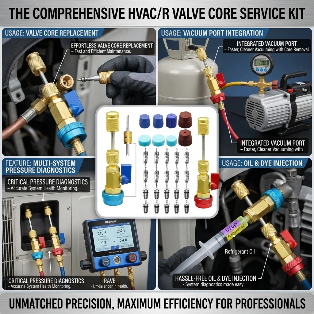 R134A Valve Core Quick Remover Installer, High Low Pressure Valve Core Remover Kit Automotive Air Conditioning Warranty Tool Kit