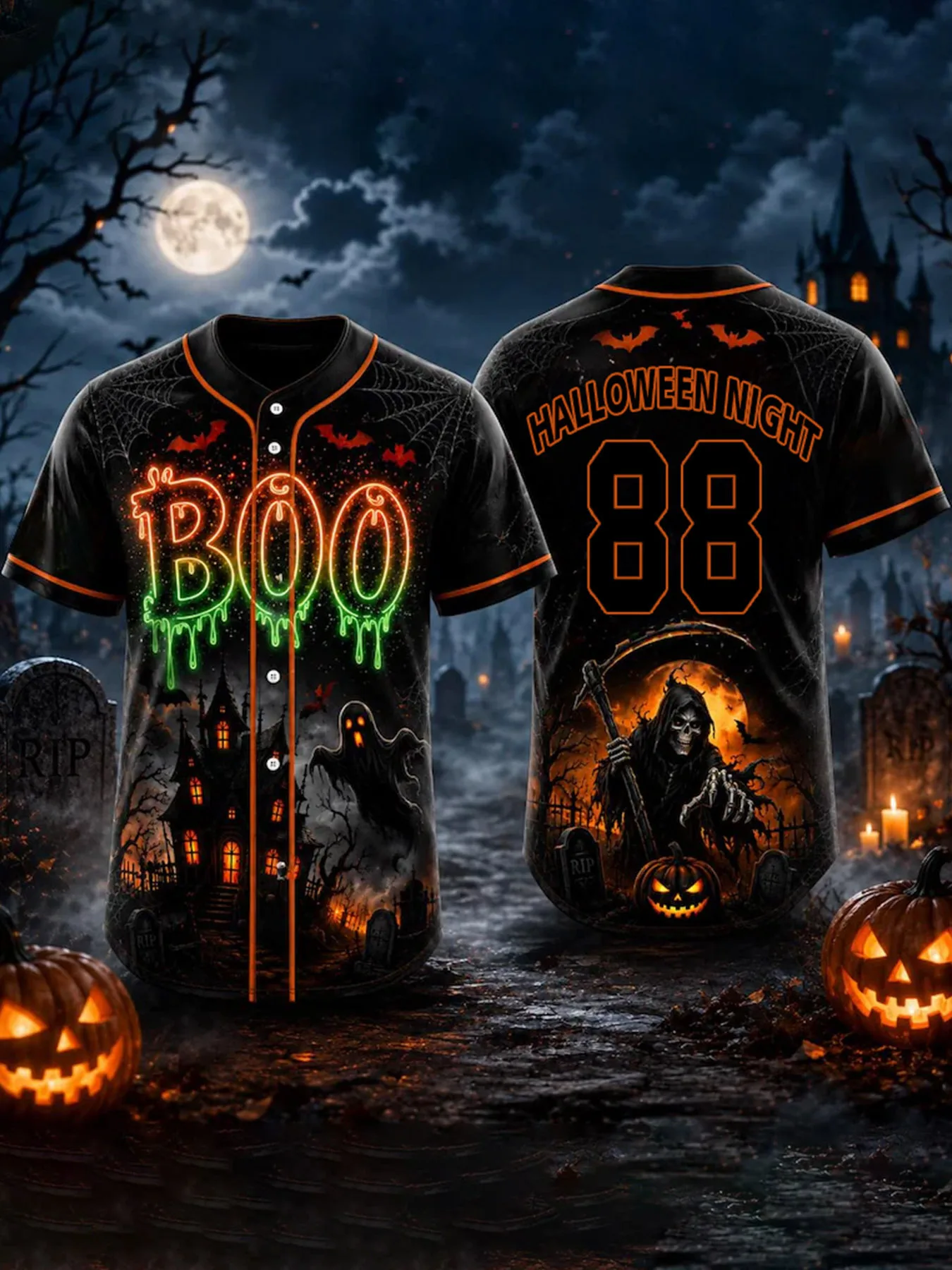 Customization Men's Fashion Halloween Night Casual Trendy Boo Graphic Baseball Jersey With Neon Castle Grim Jack O Lantern Bat S