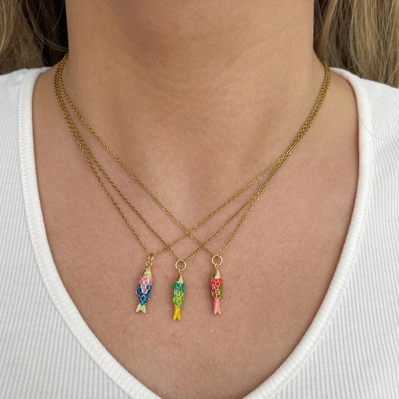 Titanium Steel Droplet Oil Color Collision Small Fish Necklace