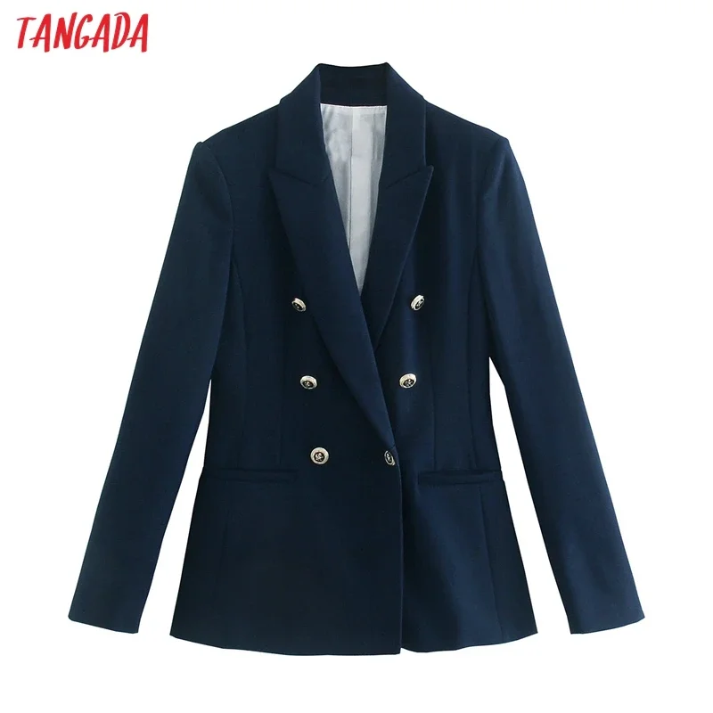 Tangada Women Navy Blazer Coat Vintage Notched Collar Pocket 2021 Autumn New Female Work Chic Tops 2W39