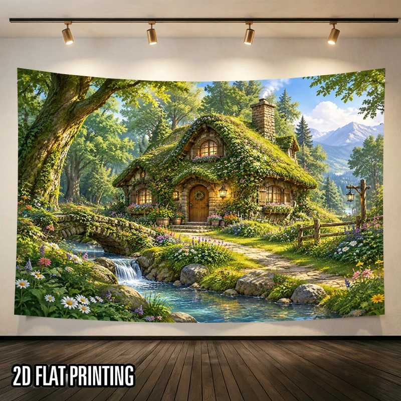 Secret Garden Cottage Tapestry Wall Hanging, Hobbit House Creek Wildflower Fantasy Print for Party Kids Room Wall Hanging Decor