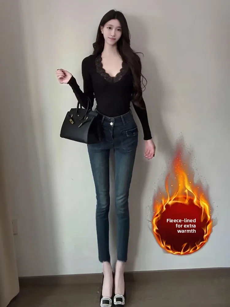 

High Waist Fce Lined Slim Fit Jeans Women's Elastic Stretchy Slimming Butt Lifting Versatile Nine Point Pencil Pants