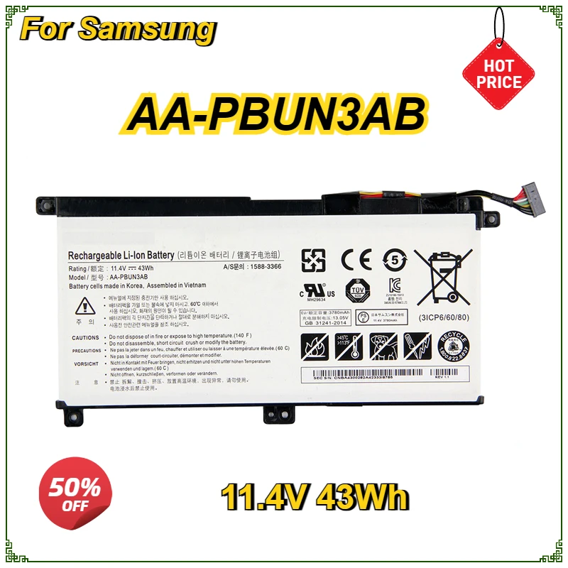 

New AA-PBUN3AB Laptop Battery for Samsung Notebook 7 BA43-00377A NP740U3M-K01US NP740U3L-L02US NP800G5M 800G5M NP740U5M 43Wh