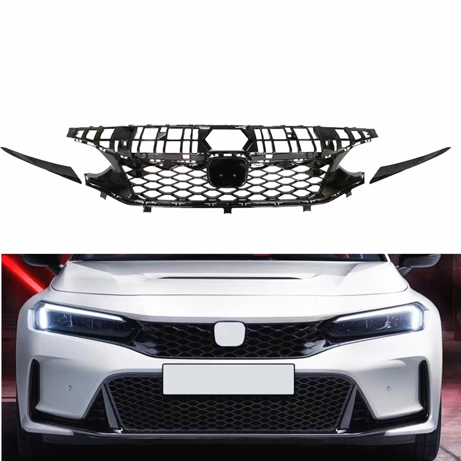 

Type R Style Front Grille Racing Grill Mesh Grid Upper Bumper Hood Cover Trim For Honda Civic 11th Hatchback Only 2022 2023 2024