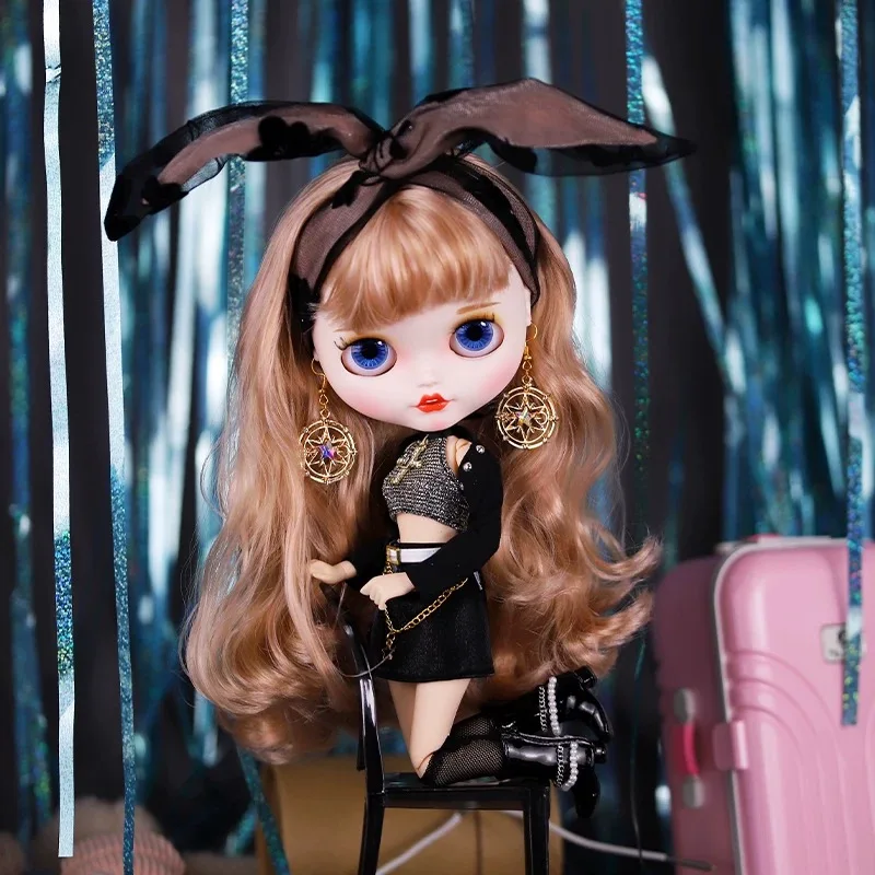 

ICY DBS Blyth Doll Clothe Black Nightclub Queen Fashion Top+Skirt+Headpiece+Earrings Set For BJD OB24 Azone Doll DIY Dress Up