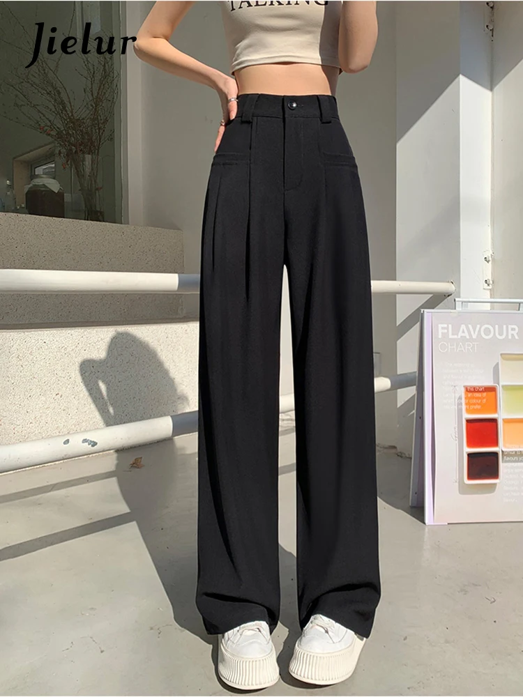 Jielur Loose Grey Fashion Pockets Trousers Lady Spring Summer High Waist Straight Long Pants Female Casual Wide Leg Pants Women