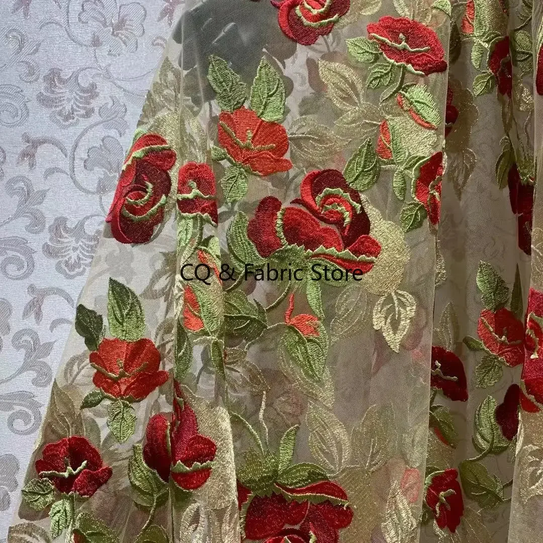 Heavy Industry Color Three-dimensional Rose Embroidery Soft Mesh Lace Fabric Dress Cheongsam Clothing Designer Fabric
