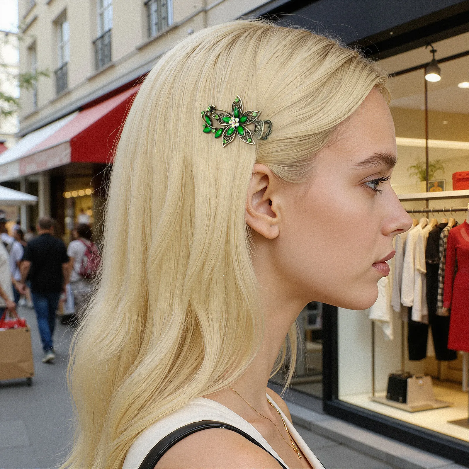 Floral Hair Clip Barrette Green Vintage Crystal Flower Design Lightweight Comfortable Hair Accessory for Women Prom Party
