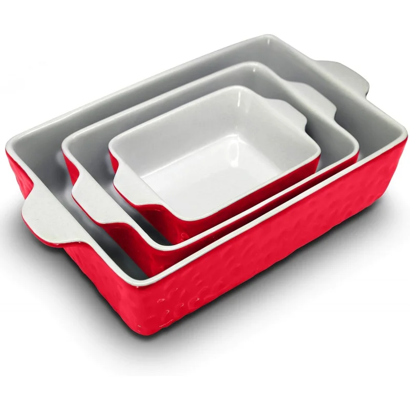 3-Piece Ceramic Casserole Dish for Oven - Premium Lasagna Baking Pans w/ Nonstick Coating & Built-In Handles - Dishwasher & Micr