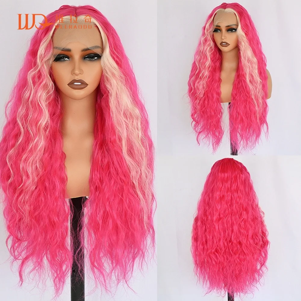 28-inch-wavy-hot-pink-blonde-highlights-lace-front-wig-13x4-lace-frontal-glueless-money-piece-heat-resistant-synthetic-cosplay