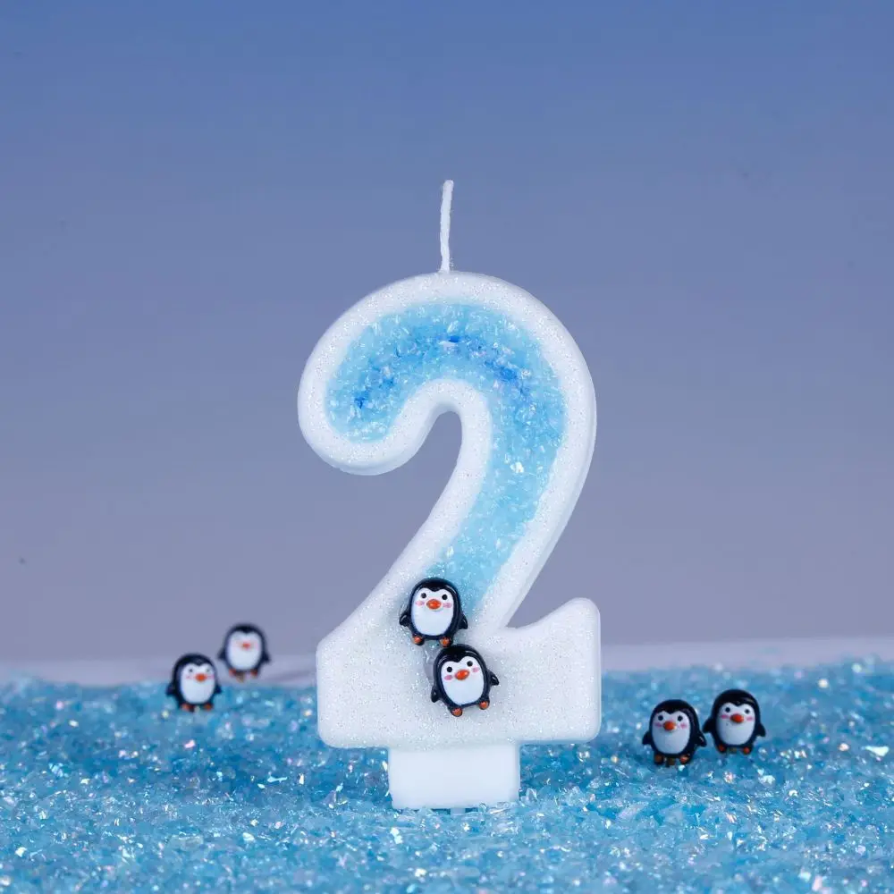 Blue Cake Decorative Digital Candles Cute Penguin Snowflakes Decors Birthday Party Supplies Kids Boy Toys Dessert Cupcake Candle