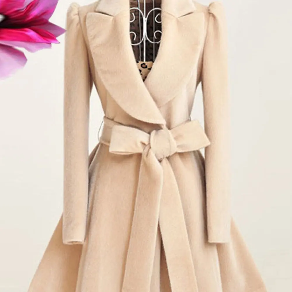 

Women's European Style Slim Fit Woolen Coat Waist-cinched Trench Coat One-Piece Fashion Outerwear for Ladies