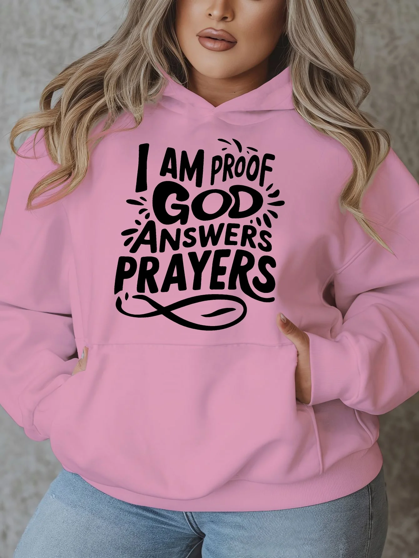 سويت شيرت كاجوال بقلنسوة مع أنا برهان إجابة الله الصلاة طباعة بلوفر بأكمام طويلة مع جيوب تصميم هندسي نابض بالحياة