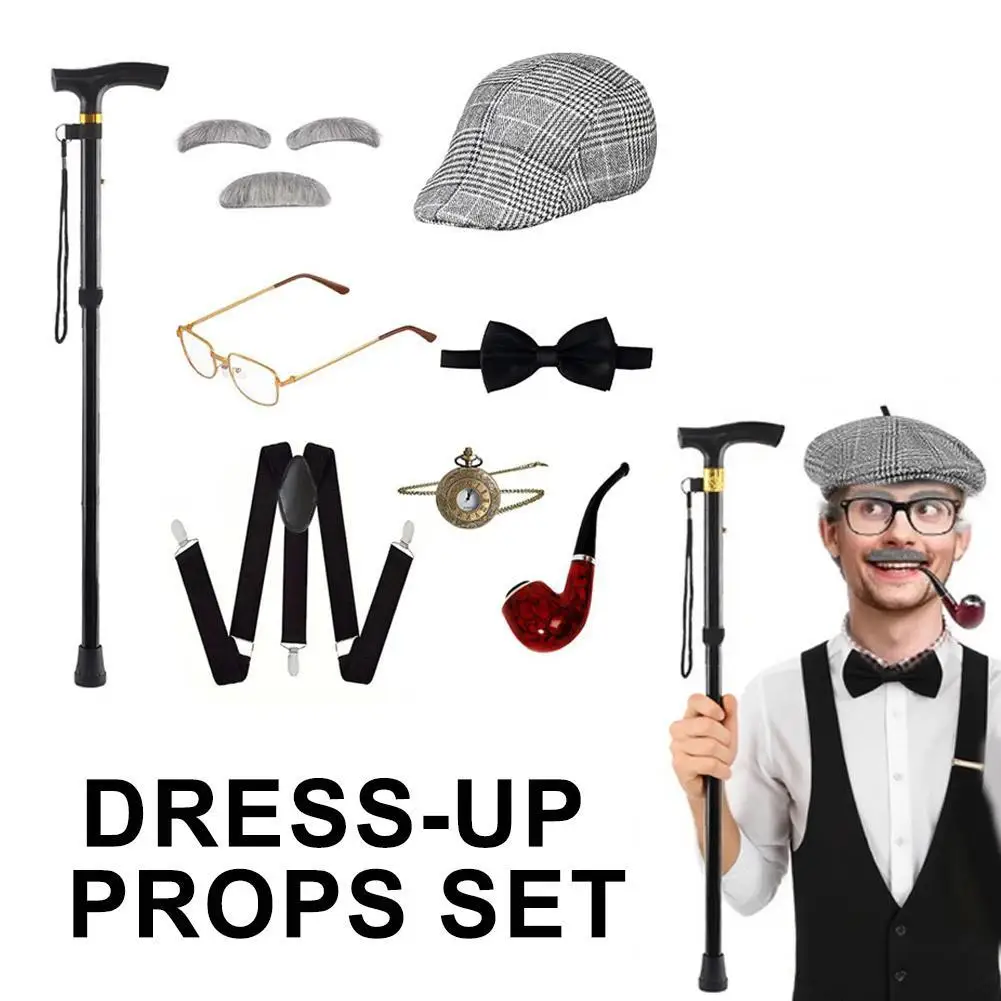 أطفال الرجل العجوز فستان تأثيري الجد زي للأطفال 100 يوم من المدرسة أداء سترة اللحية نظارات عصا للمشي الزي J4B1