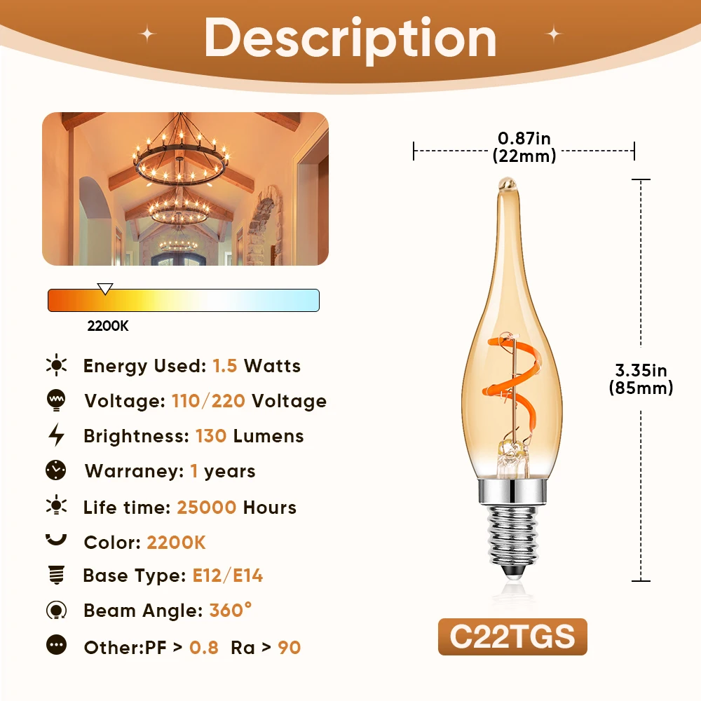 Vintage Decorative Light Bulbs E12 E14 Edison Spiral LED Filament Lamp 15W Equivalent Incandescent Chandelier Replacement Bulbs