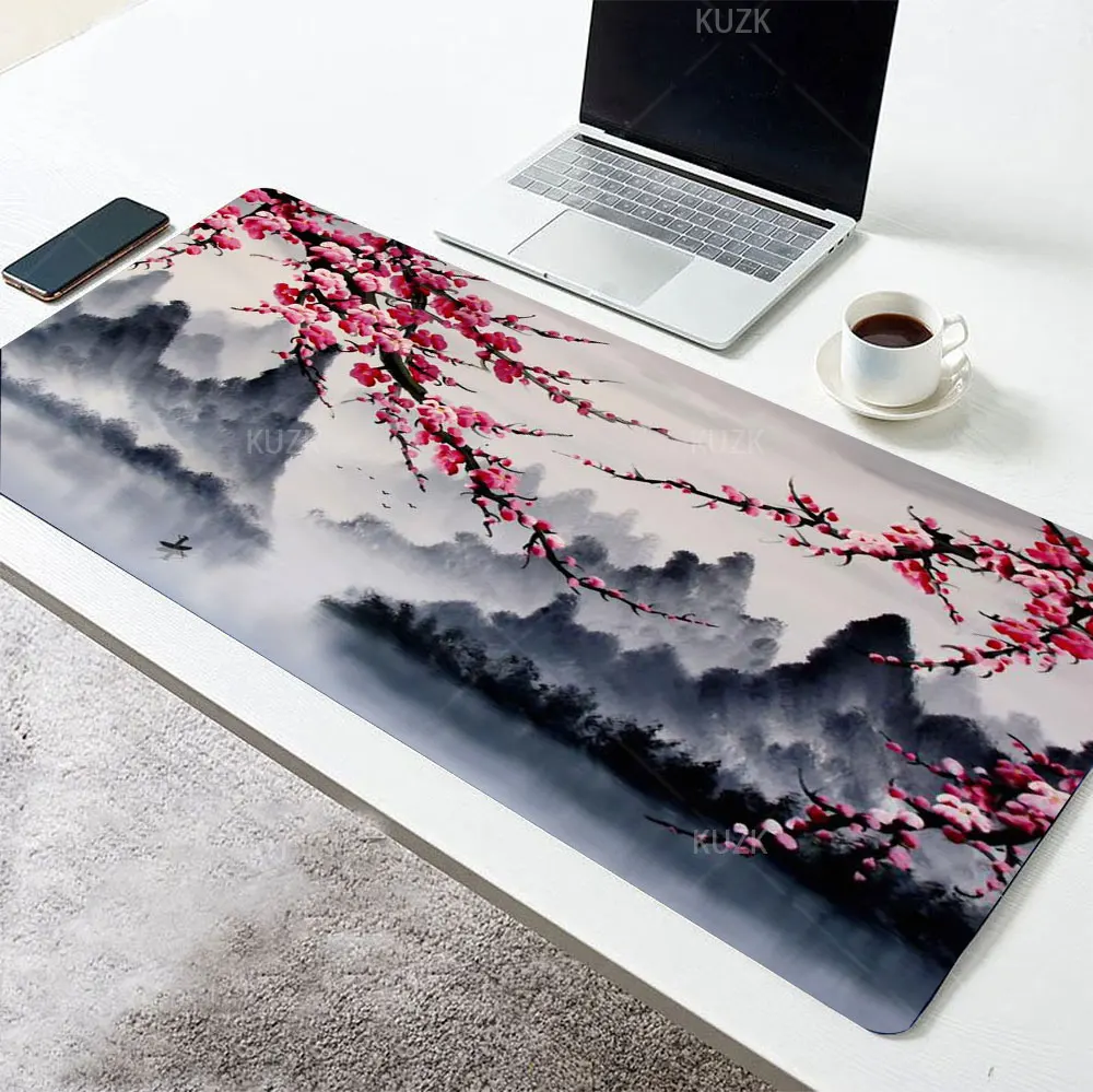 Cherry Blossom Gaming Mouse Pad,  Sakura Watercolor Painting Extended Mouse Pad,Non-Slip Rubber Base Mousepad Keyboard Mouse Mat