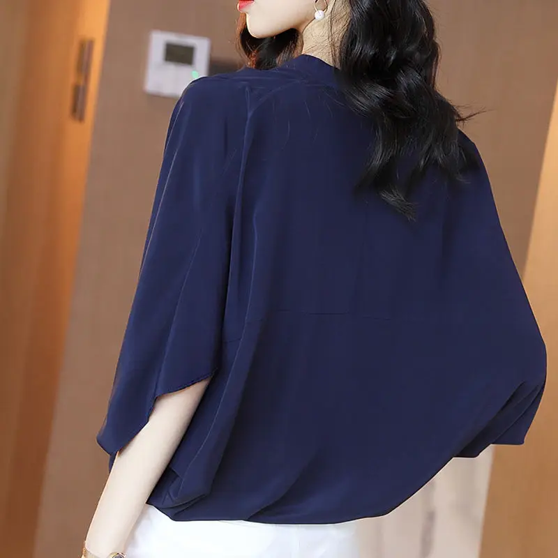 Elegant V-Neck Solid Color Batwing Sleeve Loose Blouse 2022 Summer New Office Lady Tops Oversized Casual Women\'s Clothing Shirt