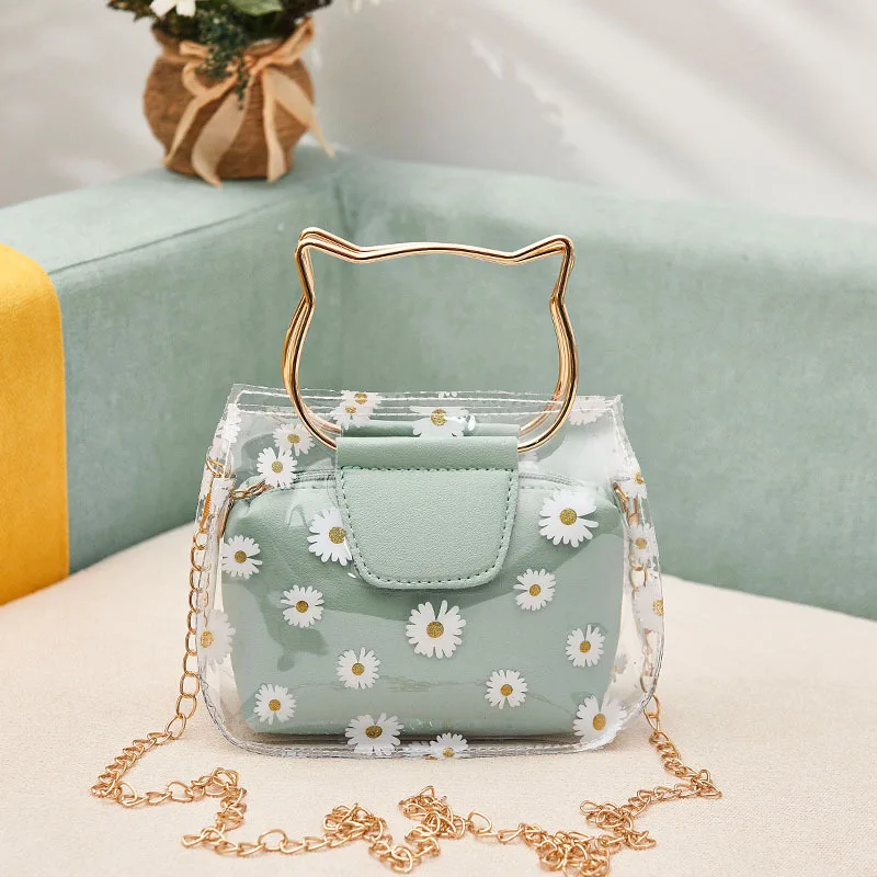 Daisy Printed Transparent Crossbody Bag for Women ,Cute Cat Shaped Metal Top Handbag Removable Chain Strap Small Shoulder Purse