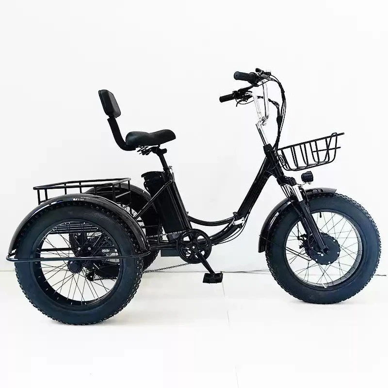 20 Inch Foldable Fat Tire Electric Tricycle 48V Lithium Battery Pedal Assist Dual Purpose Snow Wide Fat Tyre Black