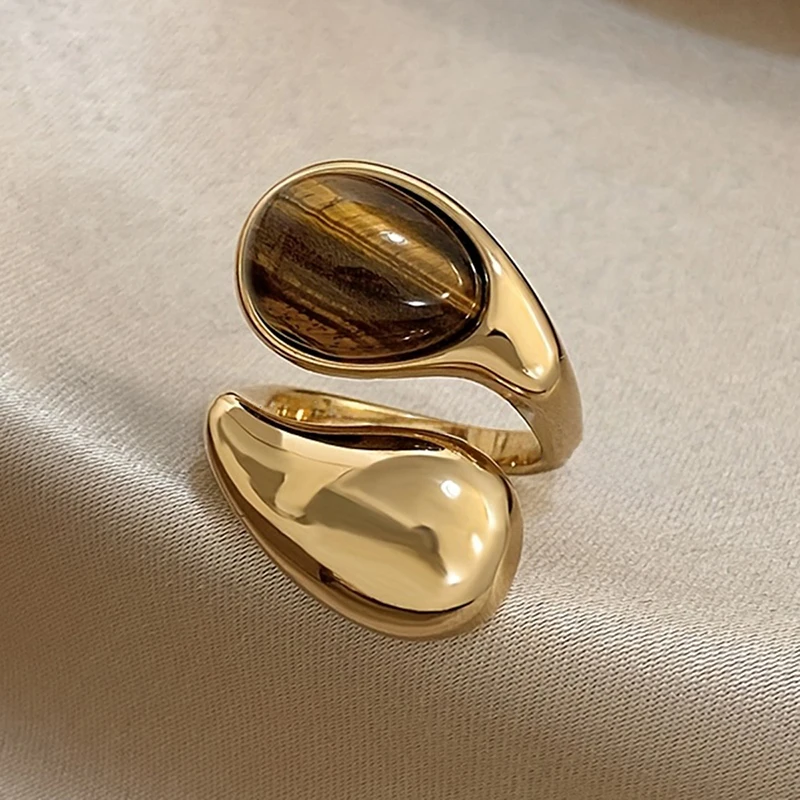 Huitan Modern Fashion Teardrop Imitation Tiger Eye Open Rings for Women Gold Color Minimalist Daily Party Lady Statement Jewelry - view 4
