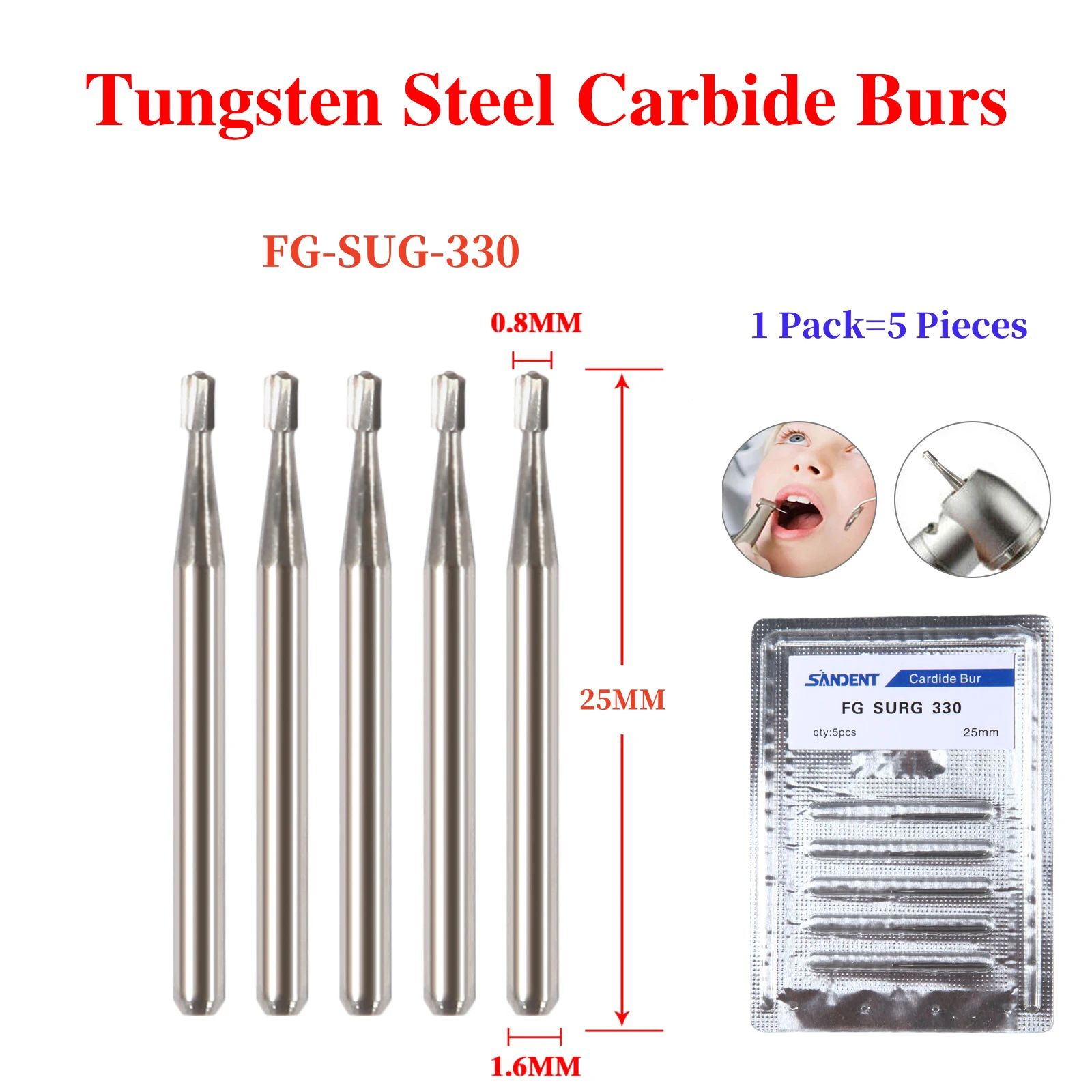 5Pcs Dental Surgical Carbide Burs Tungsten Steel SURG FG # 330 Friction Grip Round Pear 25mm for High Speed Handpiece