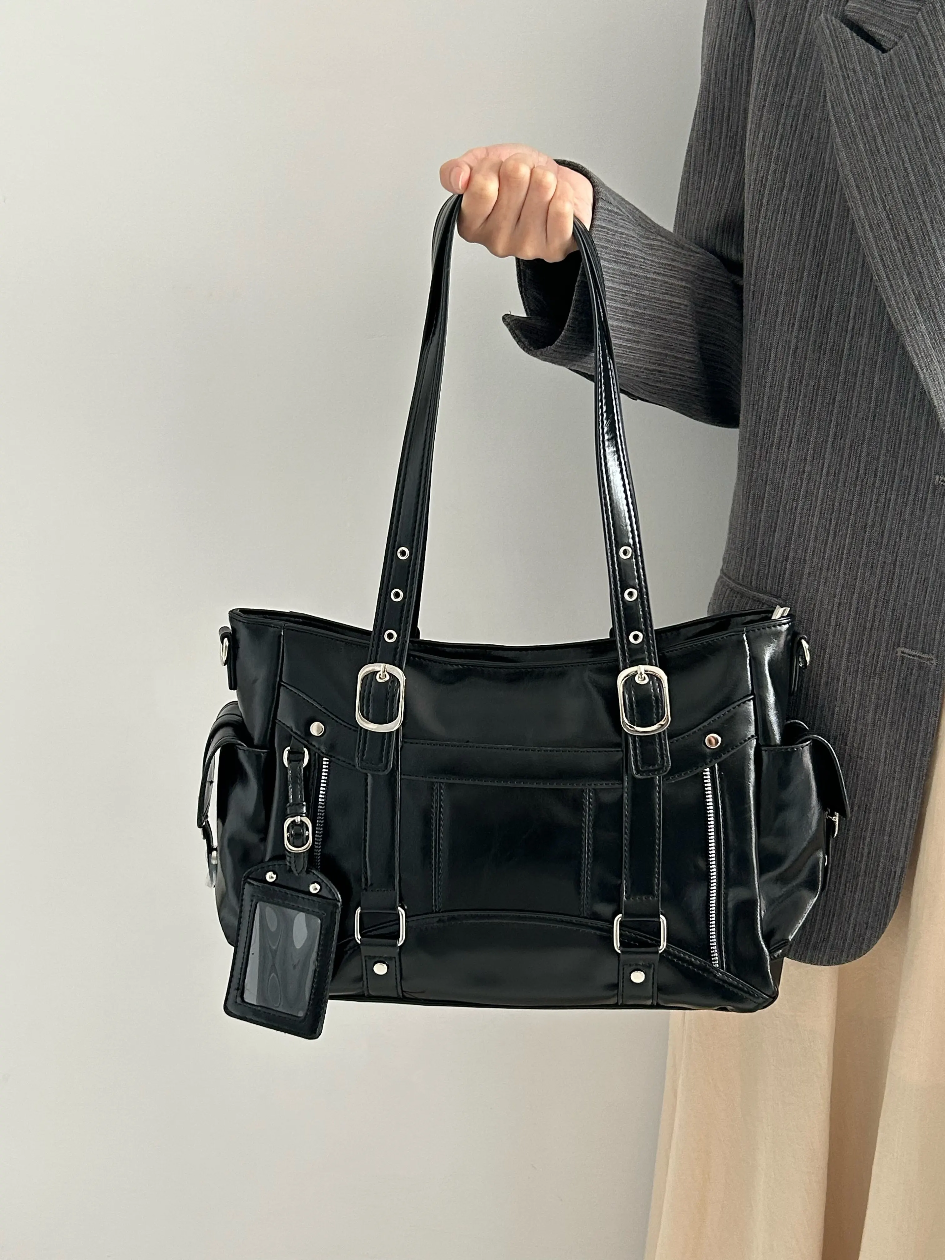

New Retro Y2K Grunge Motorcycle Tote Bag, Large Capacity Daily Shoulder & Crossbody Handbag for Girls