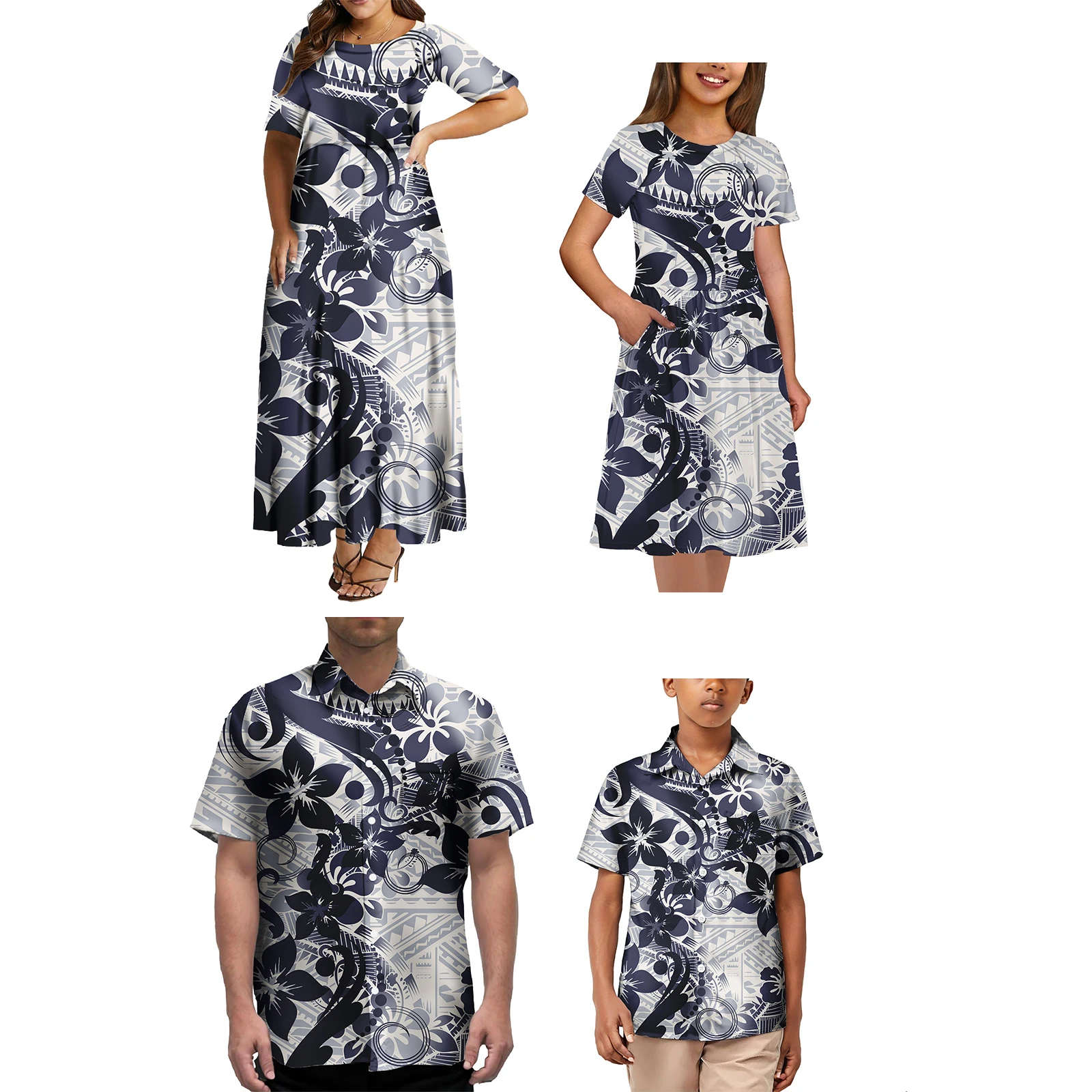 Fashion Polynesian Tribal Matching Set For Couple Samoan Family Outfits Women\'S Dress And Men\'S Shirts Couple Set