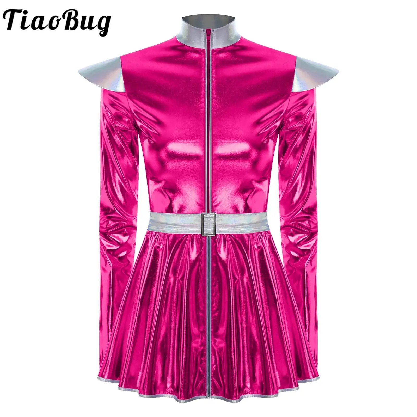 

Halloween Carnival Alien Space Cosplay Shiny Dress with Belt Adult Women Metallic Outer Space Alien Robot Role Play Fancy Dress