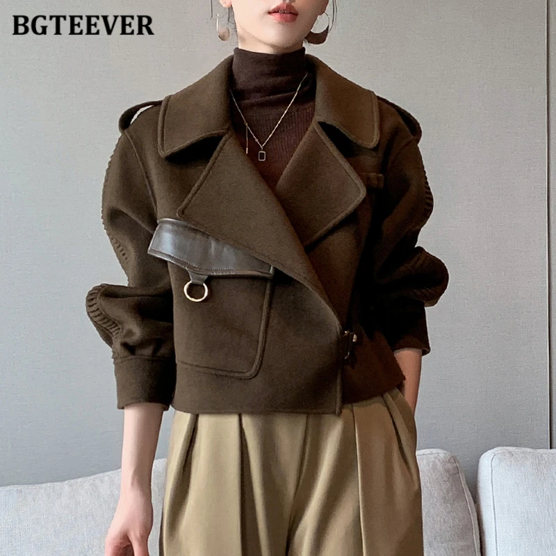 BGTEEVER Elegant Lapel Women Thicken Woolen Jackets Winter Fashion Long Sleeve Pockets Warm Loose Female Solid Blend Coats