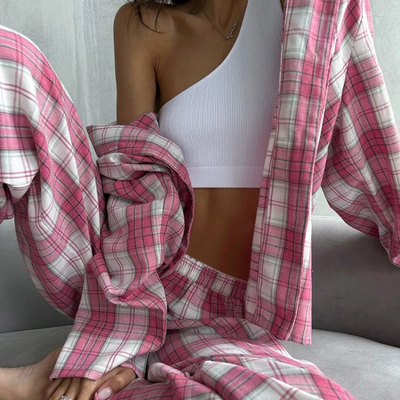 2025 Autumn and Winter New Loose Comfortable Gentle Plaid Cotton Long Sleeved Top and Pants Two-piece Set for Women